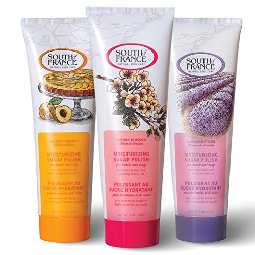 Variety Pack Hand & Body Sugar Polish by South of France Clean Body Care | Moisturizing Sugar Scrub for Women | Cherry Blossom, Glazed Apricot & Lavender Fields | 8 oz Tube
