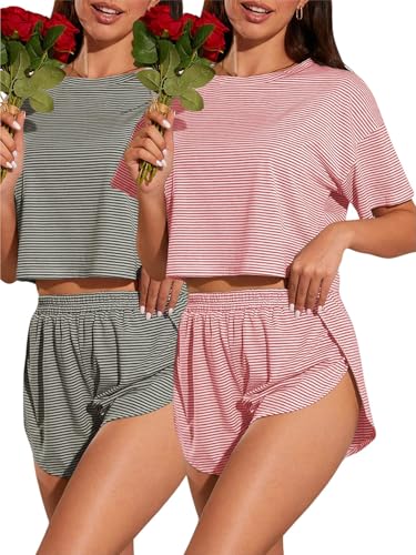 Image of OYOANGLE 2 Pack Pajama for Woman Set Summer Cute PJ Sets Striped Short Sleeve Tshirt and Split Shorts Lounge Set