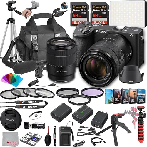 Sony a6600 Mirrorless Camera with 18-135mm Lens, 128GB Extreem Speed Memory,Microphone, 120LED Video Light, Tripod, Filters, Hood, Grip,Spare Battery & Charger, Editing Software Kit -Deluxe Bundle