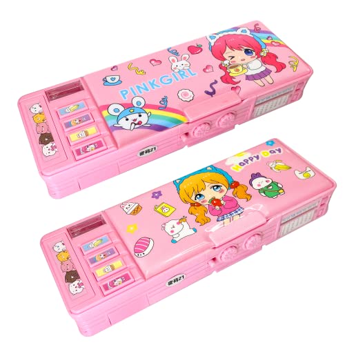 LilyBeauty 【2 pacotes】 Estojo multifuncional pop-up para meninas, linda caixa de caneta de desenho animado com fechaduras, apontador, cronograma, quadro branco, melhores presentes para crian