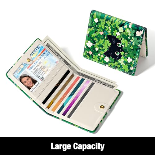 Rouidr Womens Wallet, RFID Small Slim Wallet for Women, Cute Bifold Leather Pocket Credit Card Holder Ladies Mini Purse with Zipper Coin Pocket & ID Window, Green Leaf Cat3