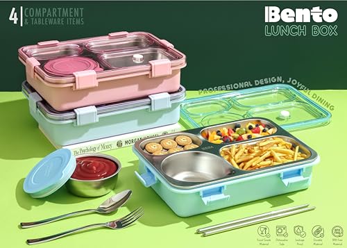 Image of Brand Conquer Lunch Box Leak-Proof BPA Free Stainless Steel for School, Lunch Box for School & Office with a Fork, a Spoon and a Pair of Chopsticks (Classic Blue, 4 Compartment)