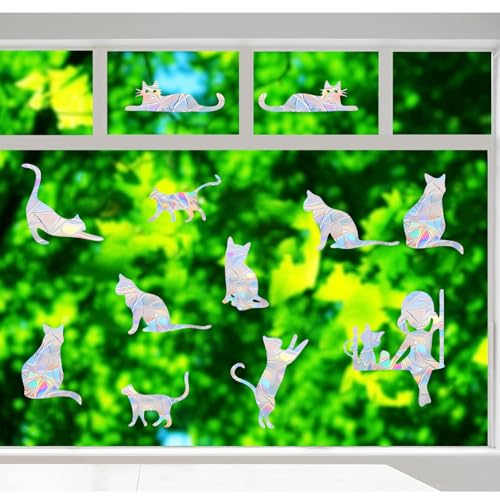Image of 33PCS Cat Window Clings - Anti-Collision Decals to Save Birds From Collisions, Non-Adhesive Prismatic Vinyl Clings (Cat)