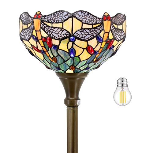 Featured Product Tiffany Floor Torchiere Lamp LED 66" Tall Industrial Bronze Pole Vintage Boho Stained Glass Dragonfly Retro Rustic Standing Uplight Corner Bright Torch Light Living Room Kids Bedroom Office WERFACTORY