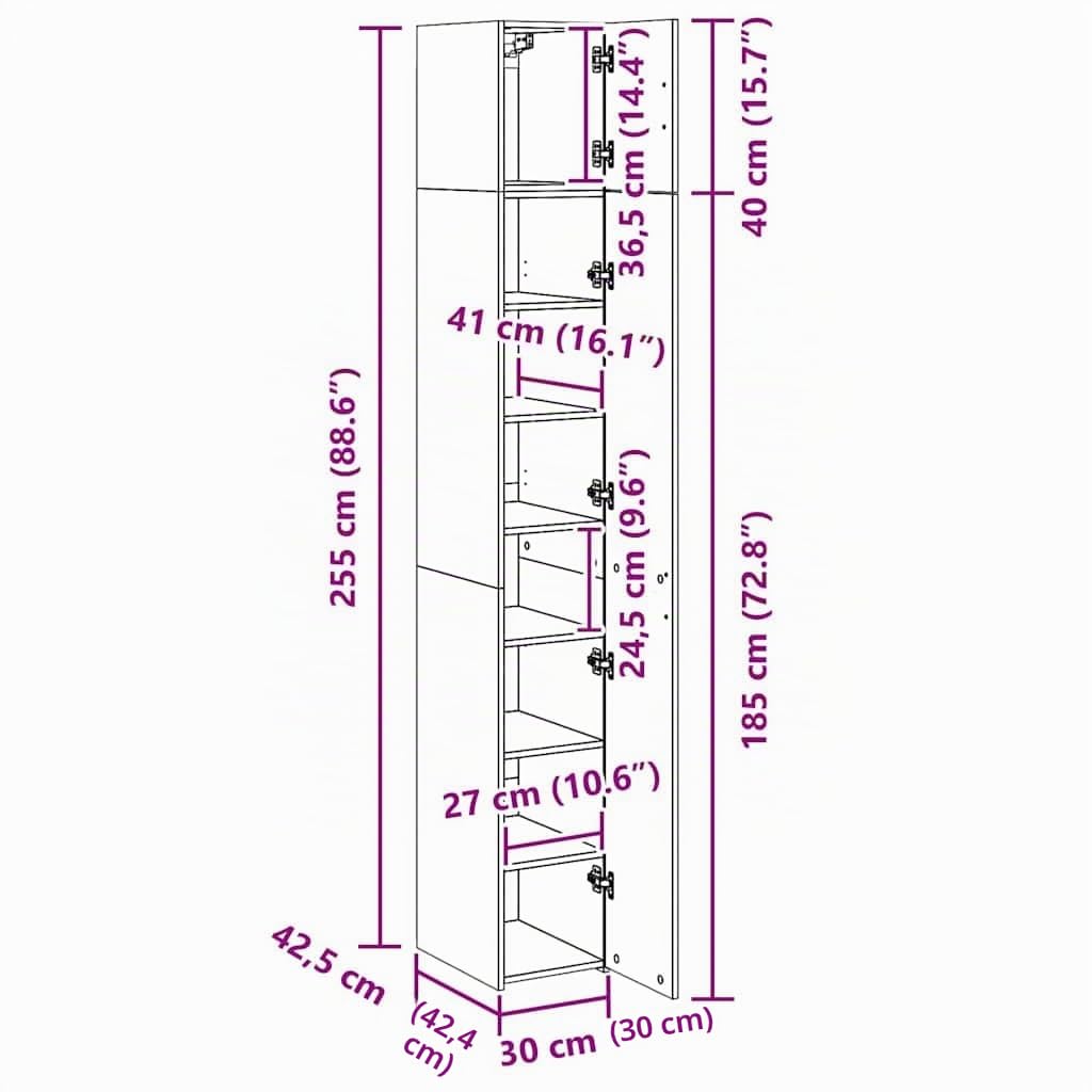 vidaXL Mobile Sottile Rovere Sonoma 30x42,5x225 cm in Truciolato, portaoggetti da Bagno, unità di conservazione