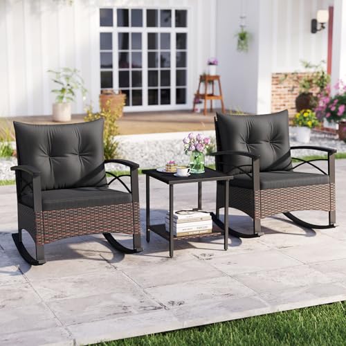 Image of Tangkula 3 Pieces Wicker Outdoor Rocking Chairs Set | Heavy Duty Cushioned Rattan Patio Rocker Bistro Set, 2-Tier Side Table w / Acacia Wood Tabletop, for Porch Balcony Backyard