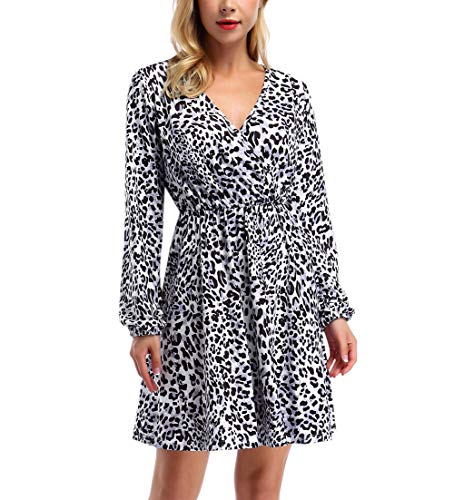 Leadingstar Women's V Neck A-Line Wrap Party Casual Mini Dress(Black and White Leopard,Small)
