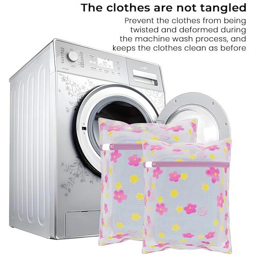 Image of Kuber Industries Pack of 5 Polyester Mesh Laundry Bag with Zip | Reusable Washing Bags for Washing Machine | Ideal for Lingerie, Delicate Fabrics & Shoe Protection | YZ-1-4 | Sunflower Design - Pink
