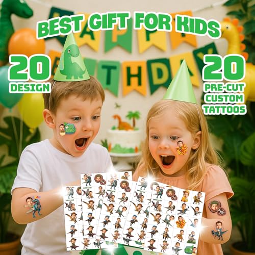 Image of Custom Funny Dinosaur Temporary Tattoos for Kids | Personalized Pre-Cut Face Photo, Birthday Party Favors for Boys, Dinosaur Lovers, Set of 20