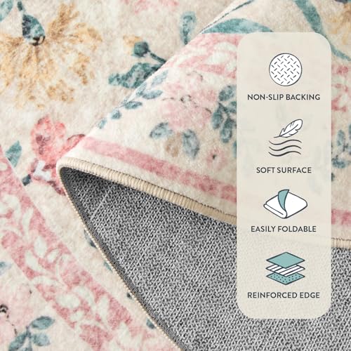 Lahome Pink Boho Rugs for Living Room 5x7, Washable Area Rugs for Bedroom Girls Non Slip, Soft Floral Low-Pile Nursery Carpet for Dining Room Kids Room Indoor, Pink/Multi