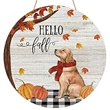 YINENA Hello Fall Dog Door Sign Golden Retriever Pumpkin Wood Door Hanger for Outdoor Outside Porch Autumn Seasonal Farmhouse Wooden Indoor Wall Hanging Decoration