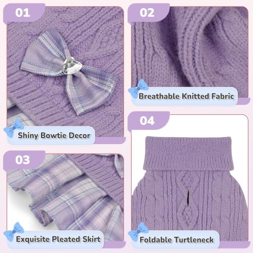 Image of YUDODO Small Dog Sweater Dress with Bowtie Turtleneck Knitted Pet Clothes