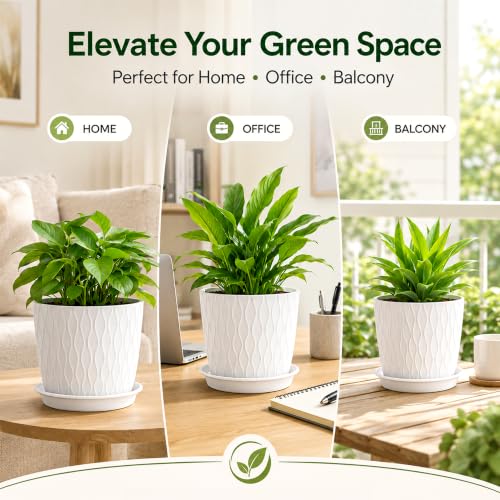 Image of SWAPKART (Pack of 5 6 Inch Plastic Flower Pots for Indoor & Outdoor Terrace,Garden Plants Decorative Planters with Drainage Holes & Matching Saucers Durable & Lightweight (White)