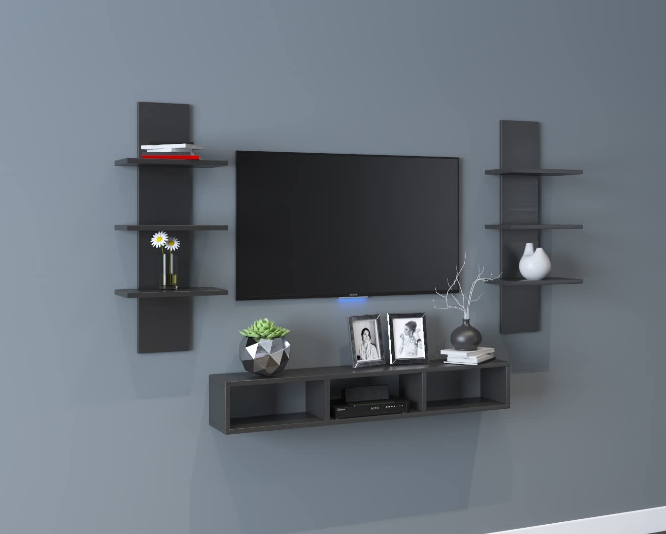 Furnifry Wooden Dime TV Entertainment Unit with 2 Wall Shelf/Wall Set Top Box Shelf Stand/TV Cabinet for Wall/Set Top Box Holder for Home/Living Room Ideal for TV Upto 42" (Black)