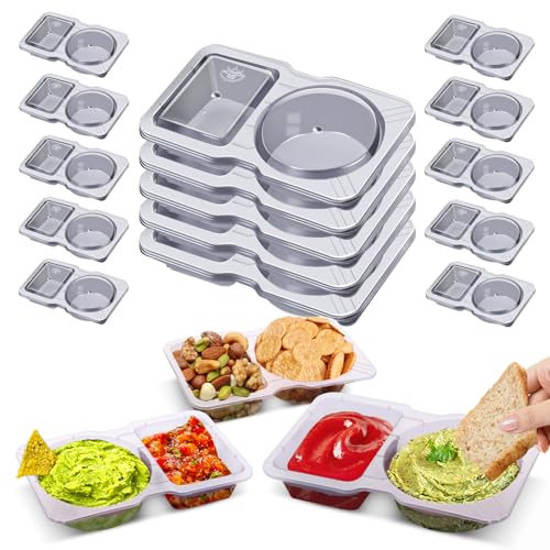 Evmliy 15 Sets Snack Containers, Reusable Double 2 Compartment Condiment with lids for Sauces Dipping,Disposable and Ideal On the Go Or Grab to Pack