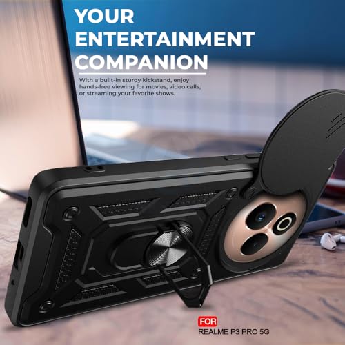 Image of AESTMO Tough Armor Realme P3 Pro 5G Bumper Back Case Cover | Ring Holder & Sliding Camera Shield Cover | 360 Degree Protection Back Case Cover for Realme P3 Pro 5G (Black)