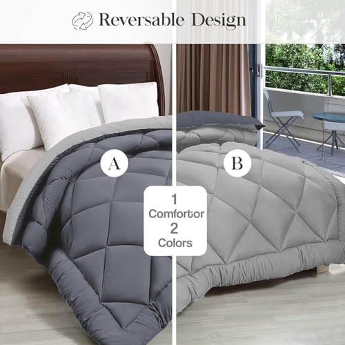 Image of THE HOME STYLE Solid Plain Cotton Feel Fitted Bedsheet (72x78 inches) with Reversible Comforter (90x100 inches) | King Size | 2 Pillow Covers | 300 TC | 4-Piece Bedding Set (Pearl Grey)