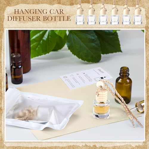 Image of Boao 300 Sets Hanging Car Air Freshener Diffuser Bottles with Instruction Card and 4 x 6'' Resealable Holographic Bag for Empty Car Essential Oil Perfume Bottles Packaging (Cylinder)