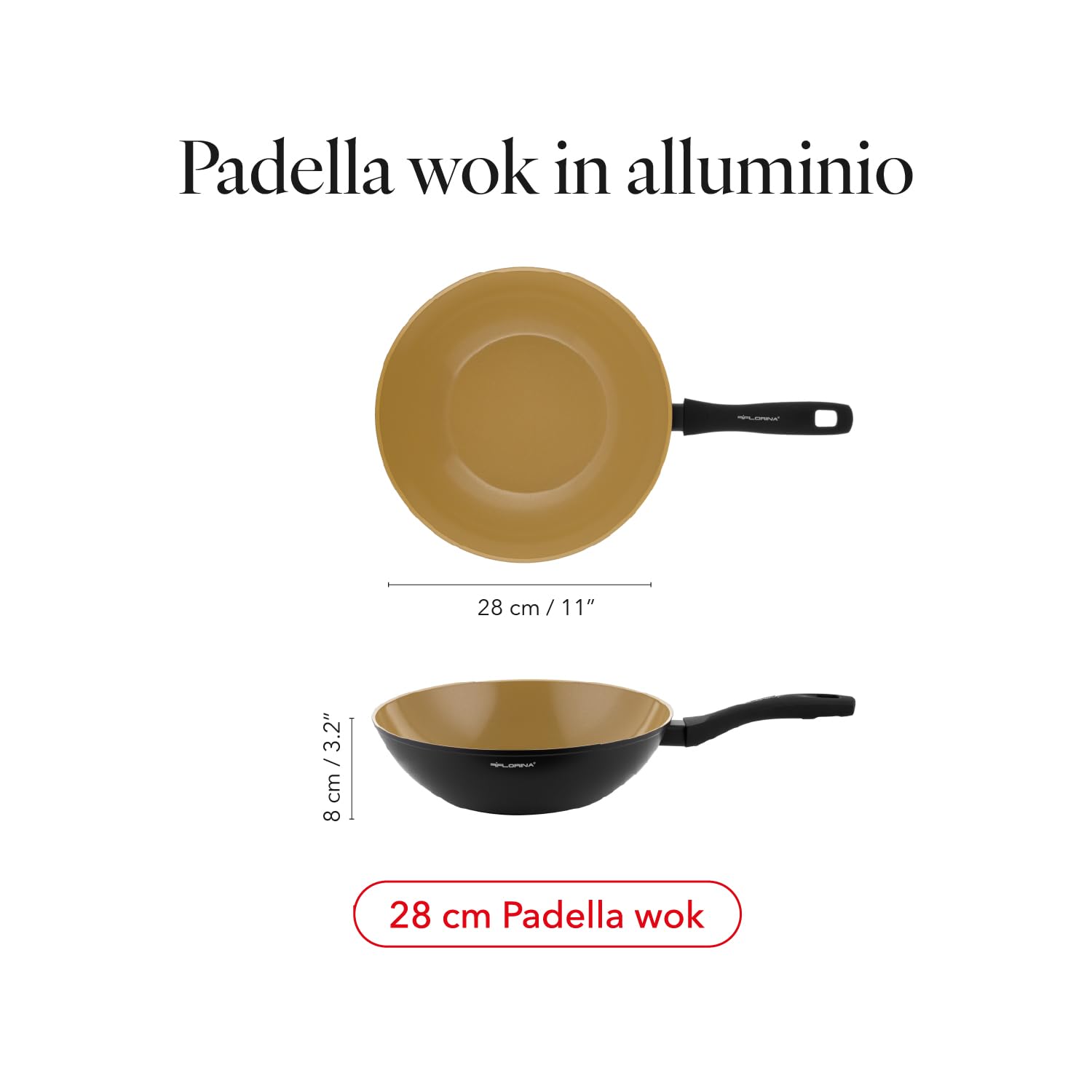 FLORINA AMVEGAN Padella in alluminio WOK 28 cm I Alta durata I Rivestimento in ceramica all'olio d'oliva I Facile da cucinare e da lavare I Per tutti i tipi di piano cottura I Design originale