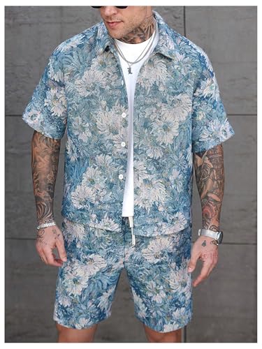 Men's 2 Piece Vacation Outfits Floral Short Sleeve Button Down Shirt and Shorts Summer Clothing Set2