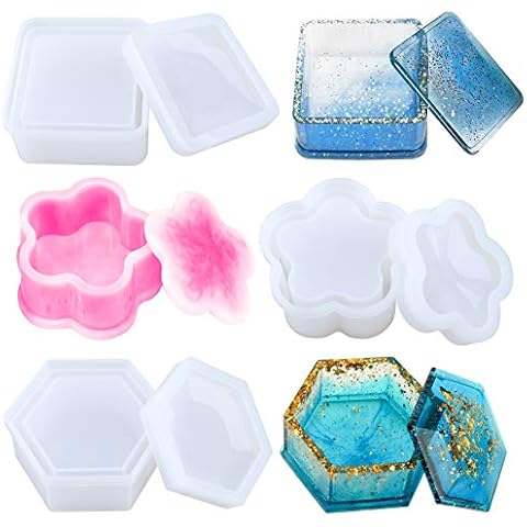 Mocoosy Box Resin Moulds, Jewelry Box Resin Molds with Hexagon Epoxy Resin Moulds Silicone Square Resin Molds & Flower Shape Trinket Box Silicone Mould for Resin Casting Crafts Cover
