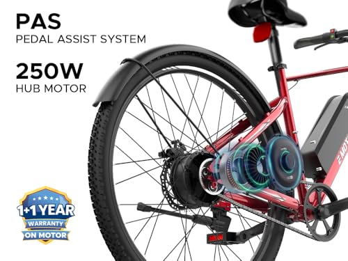 Image of EMotorad X1 Electric Cycle for Men & Women | 36V 7.65Ah Battery Cycle | Up to 35KM Range, 25 km /h Speed | 27.5 inch Electric Bicycle with Front Suspension, Front Light & Mudguard(Ruby Red)