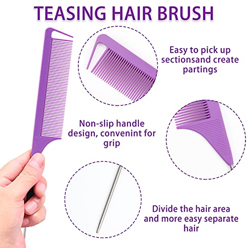 Slick Brush Set Teasing Brush Rat Tail Comb Set With Professional Hair Clips Dual Edge Brush Grooming Edge Brush Sturdy Rat Tail Combfor Hair Stylist And Women Purple #TOP4
