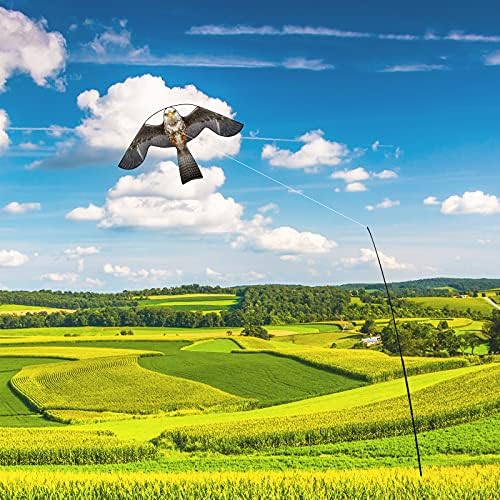 Flyonte Birds Scaring Hawk Flying Kite with Pole Simulated Hawk Flash Reflective Scare Wind Power Professional Pigeon Scarer Device for Outdoor Home Garden Farm Scarecrow