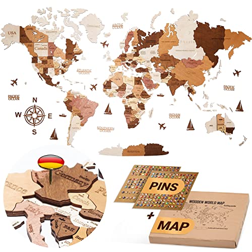 AMX Home 3D Weltkarte aus Holz werden Wanddeko Wohnzimmer und Büro Deko |...