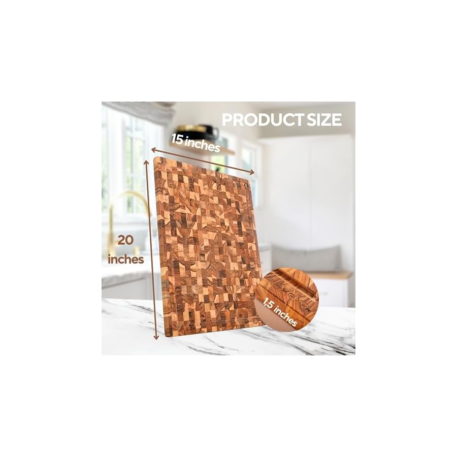KAIYO Teak Wood Cutting Board in size 1,5 x 15 x 20 inches, Unique Beauty, Large Wood Cutting Board with Deep Juice Groove, Charcuterie Cheese Board