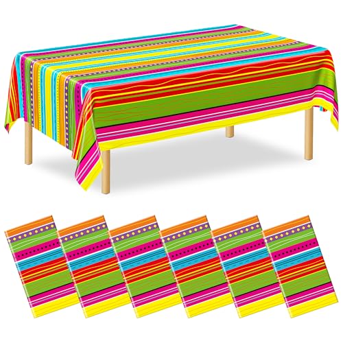Image of 6 Pcs Mexican Party Decorations, 54 inchX108 inch Disposable Fiesta Tablecloths, Colorful Mexican Striped Tablecover Plastic Tableware Fiesta Decor for Cinco De Mayo, Taco Night, Mexico Themed Party Supplies