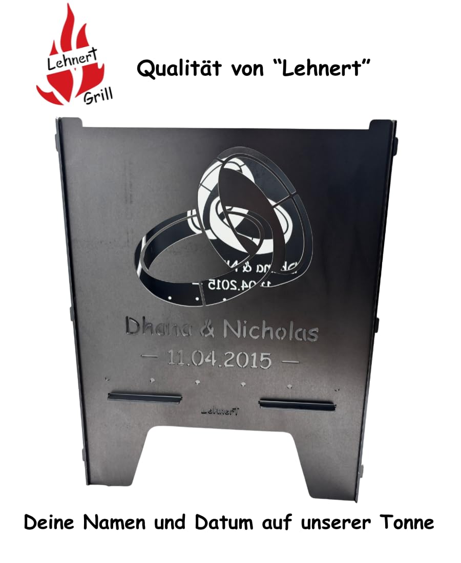 Lehnert Feuertonne Hochzeit 49 cm aus 3 mm Stahlblech personalisiert Feuerkorb Feuerschale Feuerstelle mit Zwei Herzen und Trauringen, große Massive und Feuerfeste Feuerstelle für Garten und Terrasse