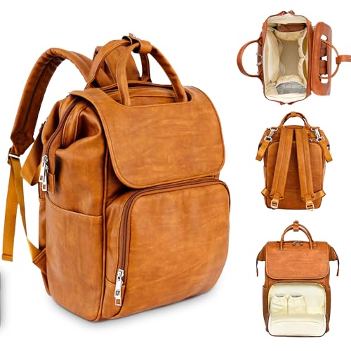 Image of Citi Collective Explorer Brown Diaper Bag Backpack - Vegan Leather Diaper Bag with Shoulder Strap, Insulated Bottle Pockets, Changing Pad, Stroller Clip- Versatile Diaper Bag for Baby