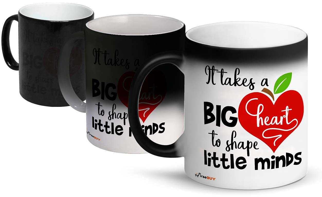 FirseBUY Magic Mug for Teacher, It Takes a Big Heart to Shape Little Minds Quotes Printed Ceramic Color Changing Coffee Cup Gift for Teacher’s Day, Black 11 Oz
