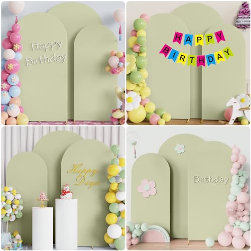 Image of Wokceer Wedding Arch Backdrop Cover (7.2FT, 6.6FT, 6FT) Set of 3 Spandex Fitted Wedding Arch Stand Covers for Round Top Chiara Backdrop Stands Cover for Birthday Party Ceremony Decor Sage Green