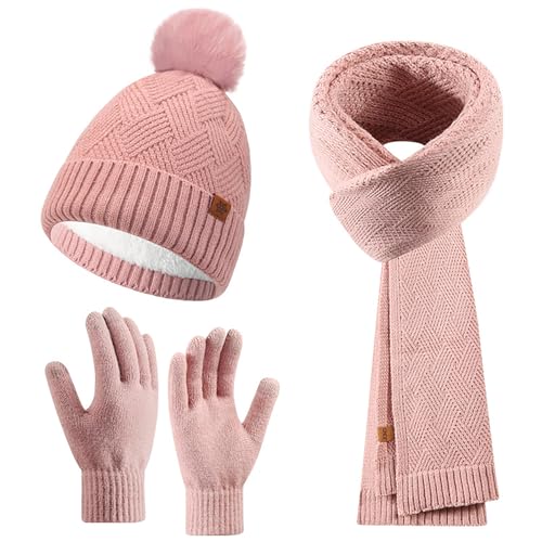 Enwokran Dames winterse beanie, sjaal en handschoenenset, muts met pompons en warme fleece gevoerde lange gebreide sjaal, touchscreen handschoenen 3-in-1 set, roze, one size