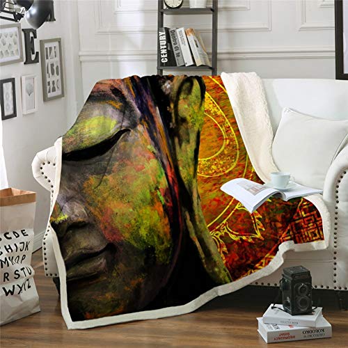 MegOK Buddha Sherpa Throw Blanket Couvre-lit Imprimé 3D Aura Plush Canapé Couverture Lotus Fleur Literie Foi Bouddhiste, 150cmx200cm