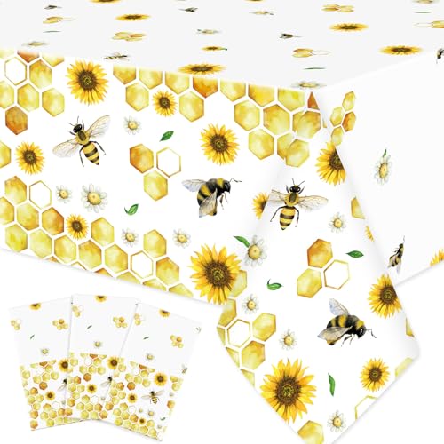 Image of Ganeen 3 Pcs Bee Party Tablecloth Disposable Plastic Table Covers Sunflower Waterproof Tablecloths for Birthday Bee Themed Party Decor, 54 x 108 Inch
