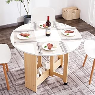 Kasshom Round Drop-Leaf Folding Dining Table, Multifunctional Convertible Dining Room Table for Kitchen/Farmhouse/Living Room, Space Saving Extendable Table with Storage Box and Wheels, White