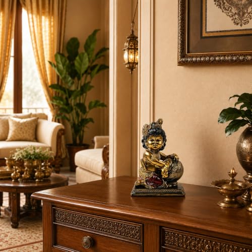 Image of ARMONIA Krishna Makhan Chor Idol - 8.2 Inch Ploystone Kanha Ji Murti with Antique Finish | Statue for Home Decor, Living Room & Pooja Mandir | Office Desk Showpiece |Gift for Wedding & Housewarming