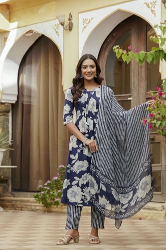 Image of NIVANA Floral Printed Kurta with Pant & Stripe Printed Dupatta | 3 /4 Sleeves | Round Notch Neck Button Detail