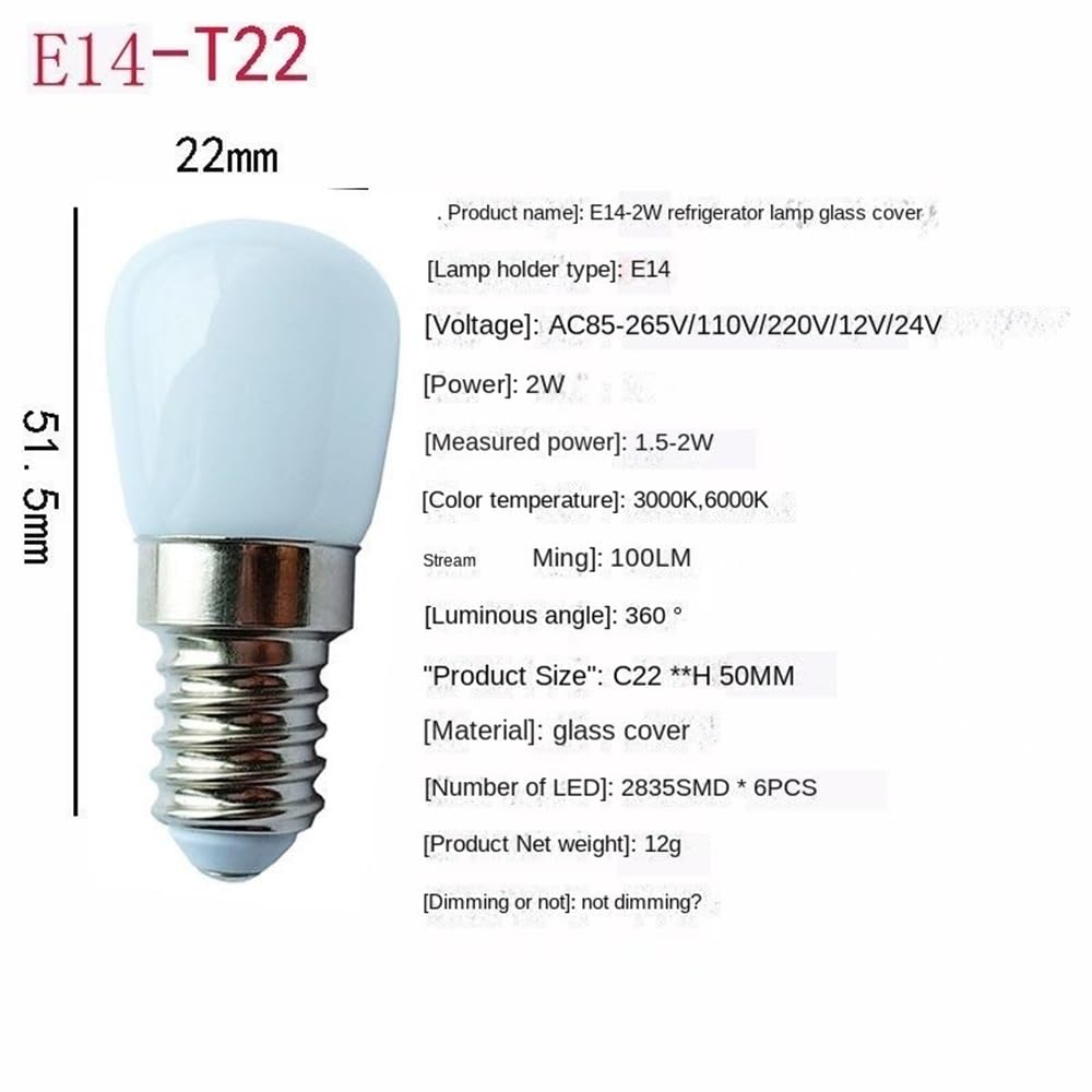 RZL Lighting, Confezione da 50 lampadine a LED for frigorifero AC220V 0,7 W/1,5 W T22B E14/E12/B15 con coperchio in vetro lattiginoso(Warm White 3000K,0.7W E12)