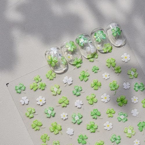 Image of Clover Nail Art Stickers Green White Nail Stickers for Nail Art Spring Plant 5D Embossed Nail Decals Self-Adhesive Nails St Patricks Supplies Manicure Decoration