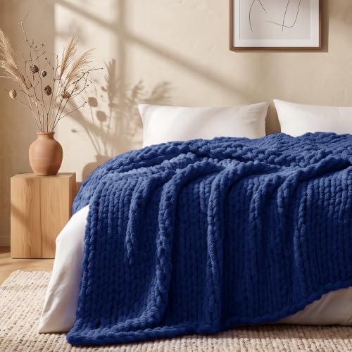 Image of L'AGRATY Chunky Knit Throw Blanket for Couch, 50 x 70 Inches, Dark Blue