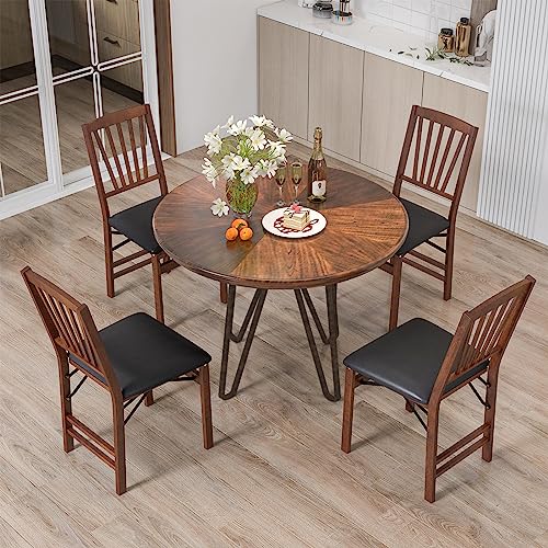 Image of Giantex Folding Dining Chairs Set of 2, Foldable Wood Kitchen Chairs with Padded Seat, Solid Wood Frame, Max Load 400 Lbs, No Assembly Easy to Store Wooden Dining Chairs for Apartment, Small Space