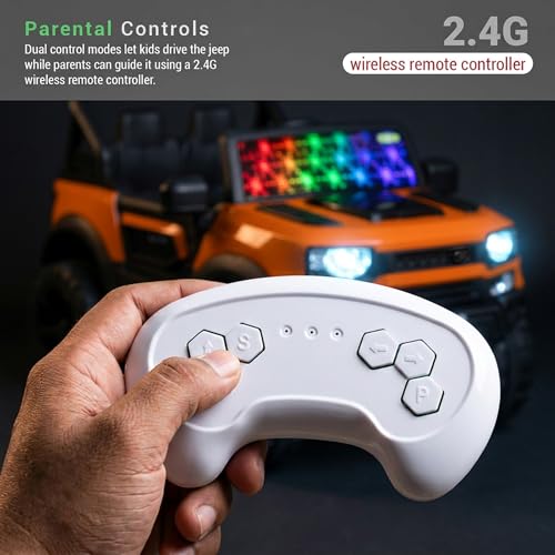 Image of Baybee RoverX Battery Operated Jeep for Kids with Parental Control | Baby Ride On Electric Car with RGB Lights, Music & Swing Mode | Rechargeable Battery Car for Kids 2 to 6 Years Boys, Girls (Orange)
