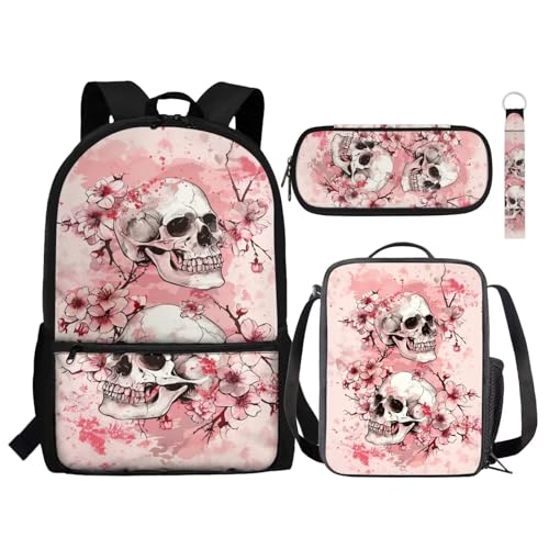 Set di 4 zaini per la scuola con contenitore per il pranzo astuccio per matite portachiavi zaino alla moda regalo per il rientro a Teschio Fiore Taglia unica Zaini Daypack rosa
