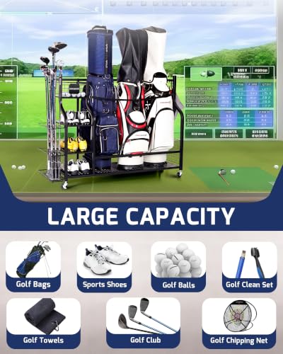 Golf-Bag-Storage-Organizer-Rack-for-Garage-Golf-Bag-Stand-with-Rolling-Wheels-Heavy-Duty-Metal-Golf-Equipment-Organizer-for-Home-Garage-Clubhouse