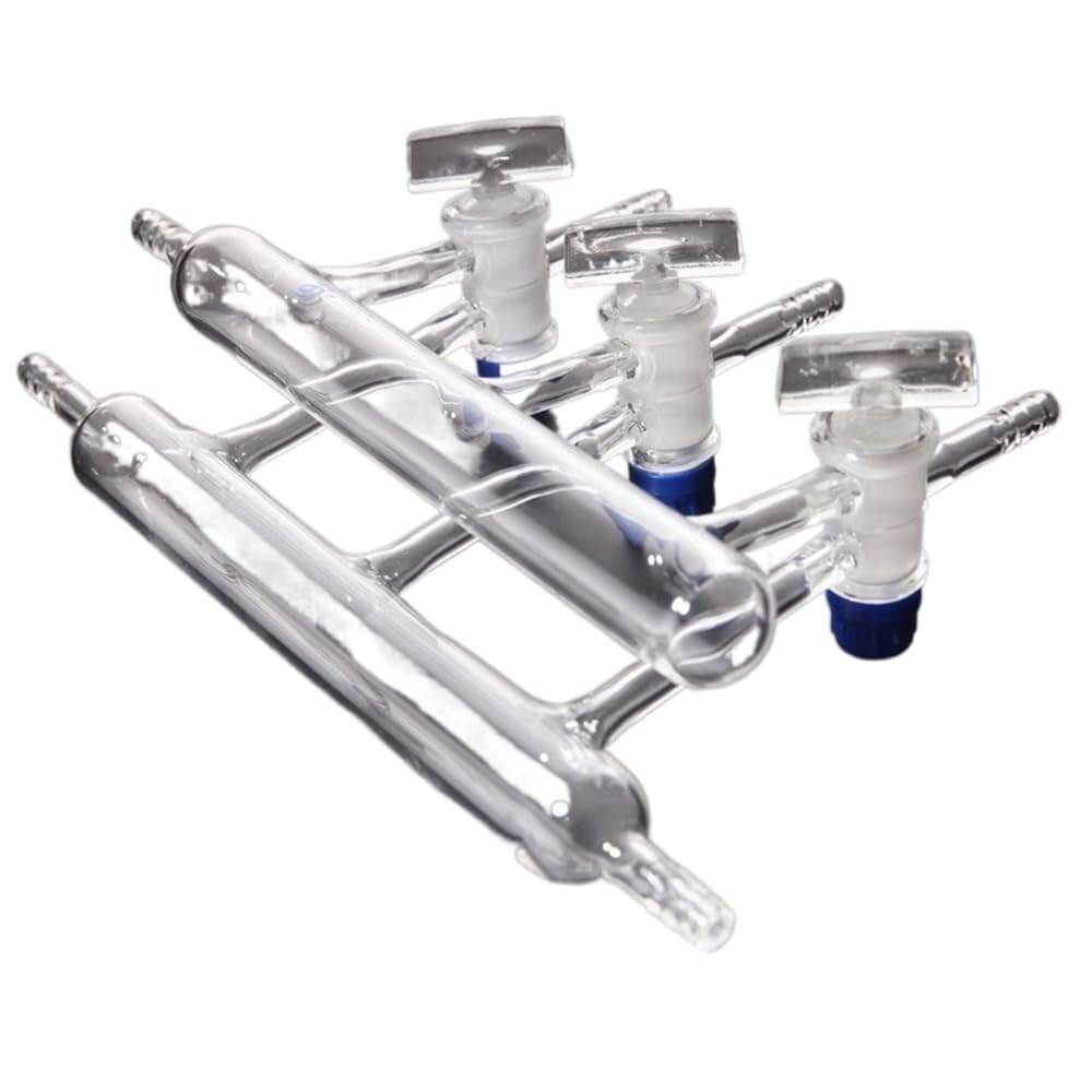 Distribuidor de al vacío con doble colector de vidrio for laboratorio, llave de paso de vidrio sólido de 4 puertos, diámetro exterior de 28 mm(3 Piston)