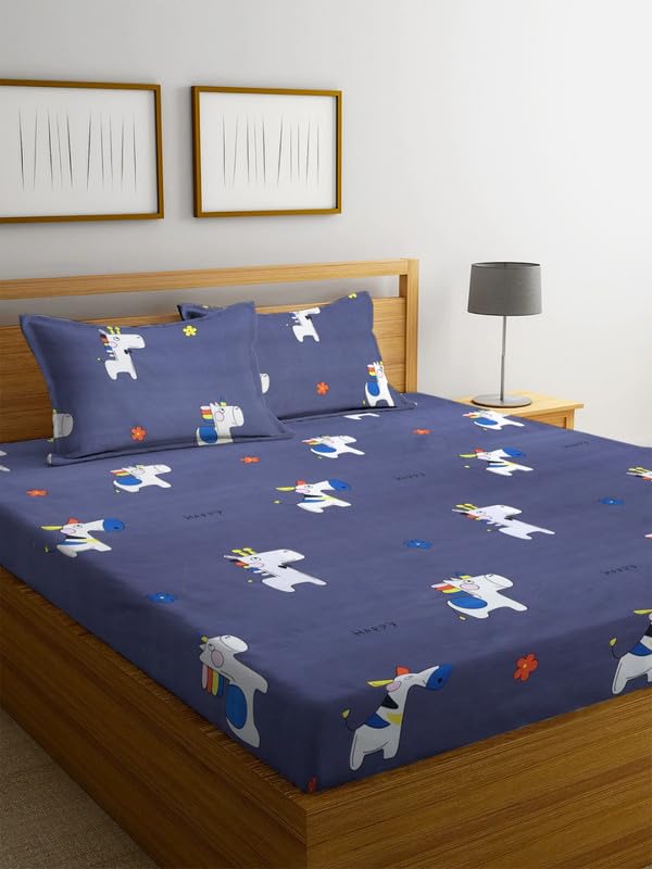 Image of NHD HOME Cotton Fitted King Size Double Bedsheets with 2 Pillow Covers | Elastic Fitted | Wrinklefree | Ultrasoft |All Season Bedsheet 210 tc tc Floral | 78 x 72+8 Inches, Orange Blue Chevron